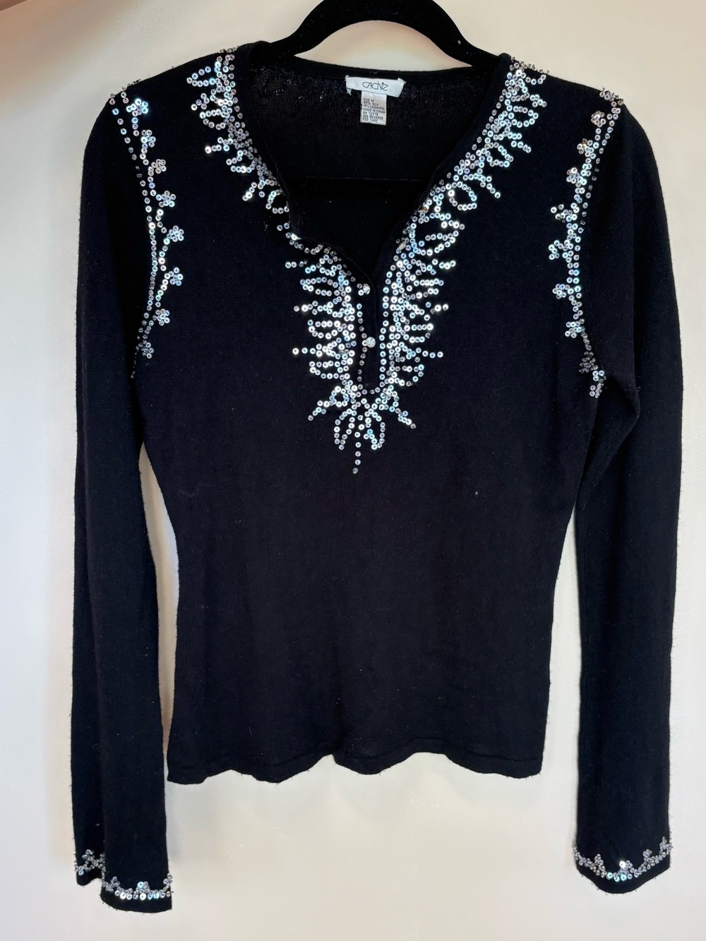 Cache Black Long Sleeve V-Neck Top with Silver Sequins